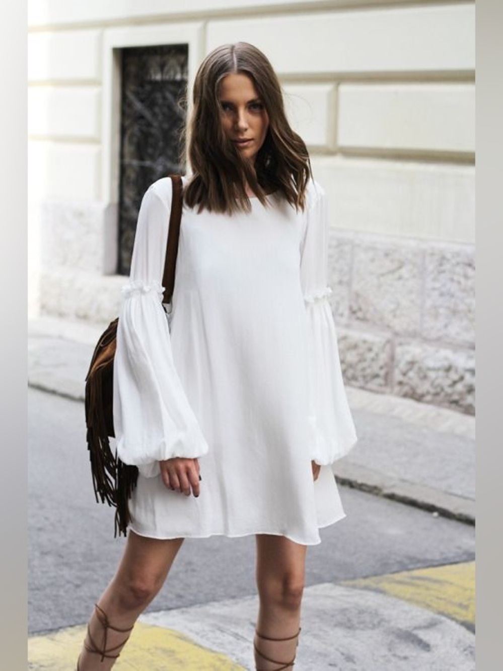 Zara White Open Back Tie Bell Sleeve Shift Dress
